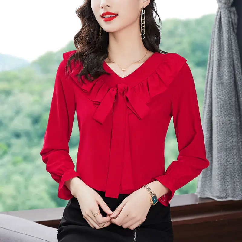 Elegant Bow Long Sleeve V Neck Shirt Women\'s Spring New Ruffled Blouses Tops 4XL