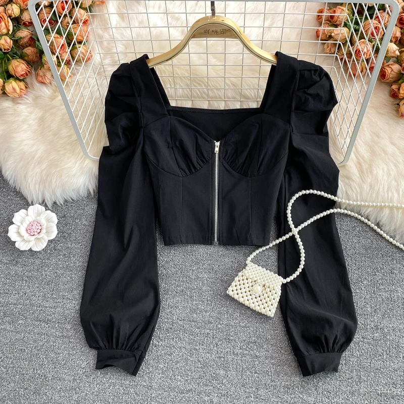 Long Sleeved Women Shirts Spring Autumn Puff Sleeve Slim Zipper Solid Cropped Blouse Court Style Party Tops