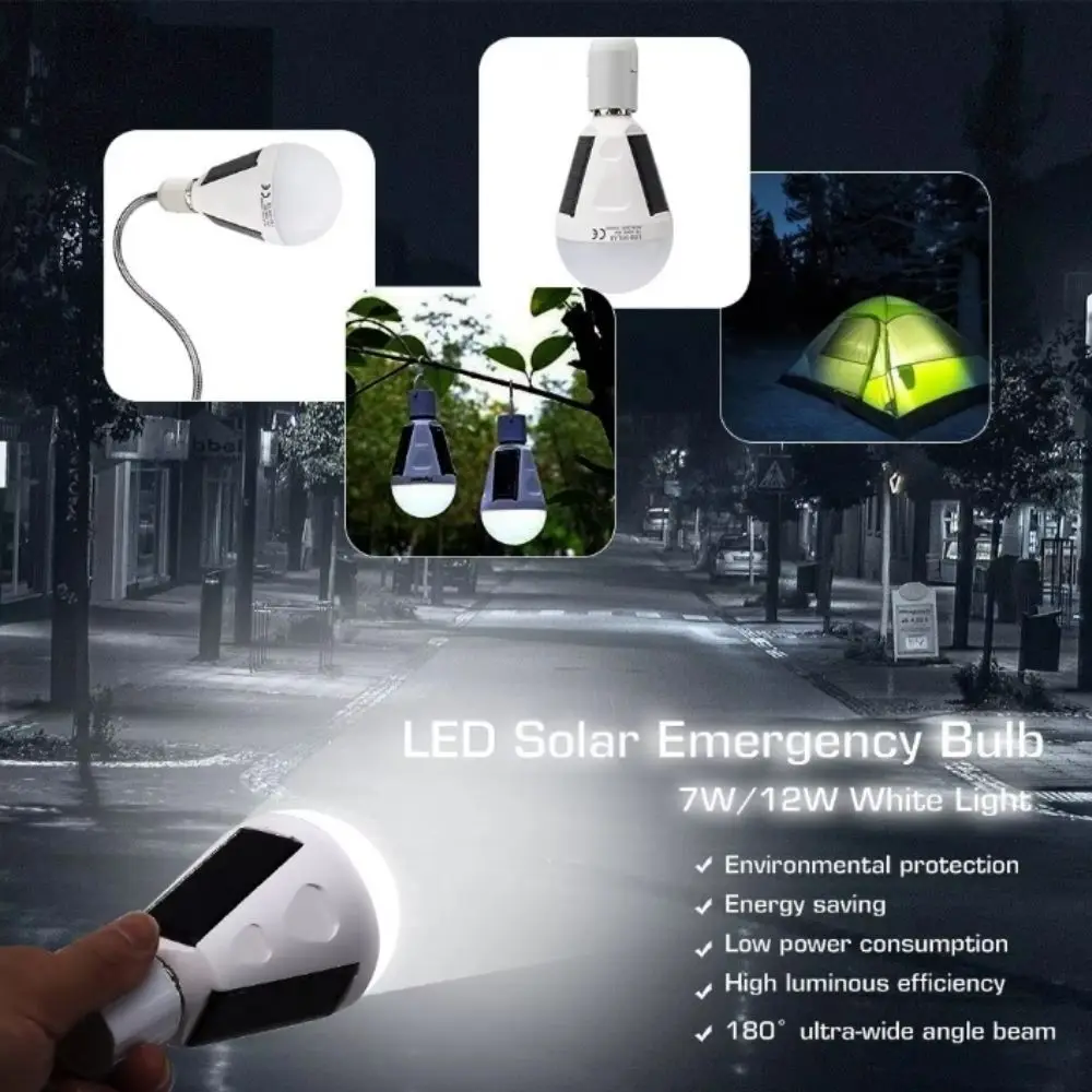 Flicker-Free Rechargeable LED Bulb 12W Solar Charging Solar LED Camping Light Portable 7W LED Bulb Light Power Failure Emergency