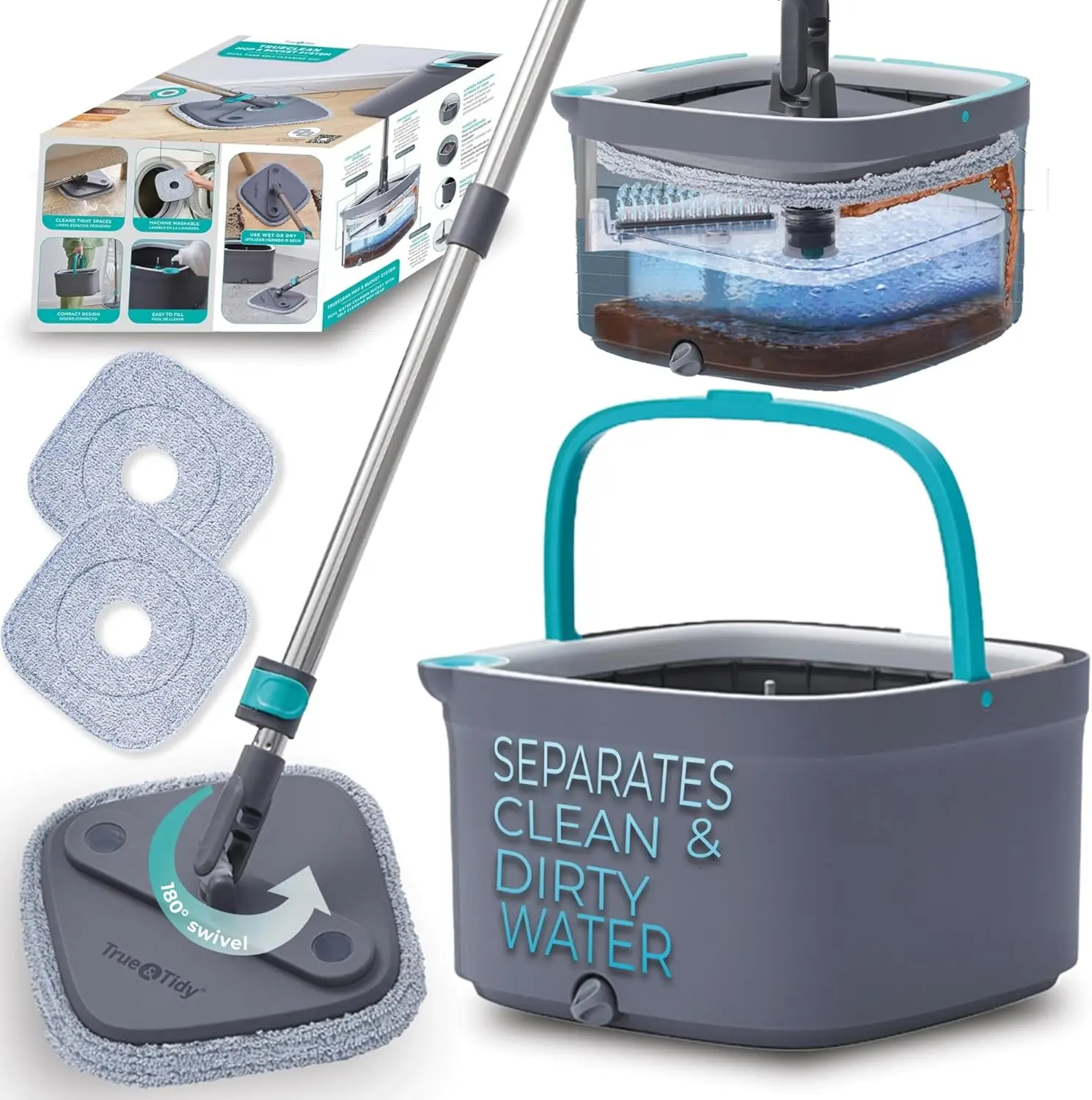 

Dual Chamber Spin Mop Bucket with 360 Swivel Head Scrub Brush Steel Handle and Two Washable Pads