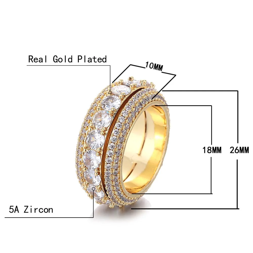 Luxury Sparkling Rotatable Ring 18K Real Gold Platinum Rotating Hip Hop Rings Men Women Fine Jewelry Gifts for Rapper Boy Friend