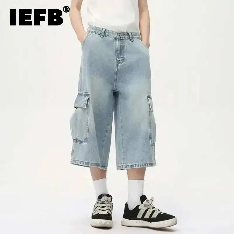 IEFB American Style Men's Denim Shorts Multi-pocket Cargo Trousers Solid Color Washing Chic Straight Leg Male Bottom 9W819