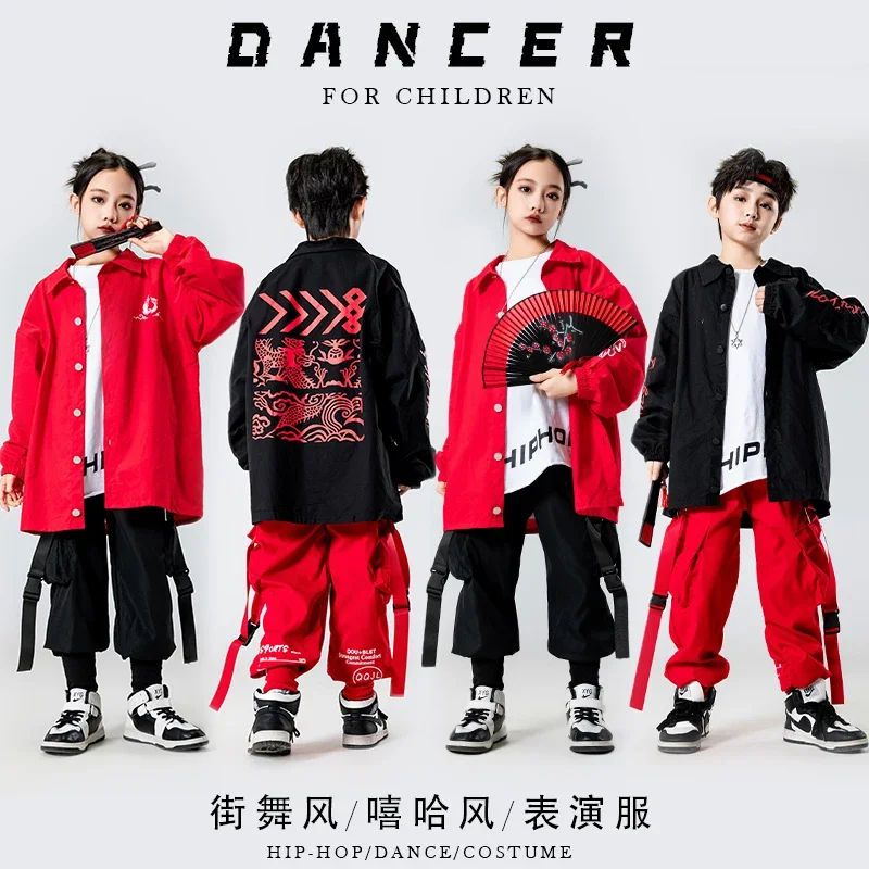 Camicia oversize rossa pantaloni Cargo Casual da jogging per ragazza ragazzo Streetwear Costume da ballo abbigliamento Jazz abbigliamento da strada Hip Hop per bambini