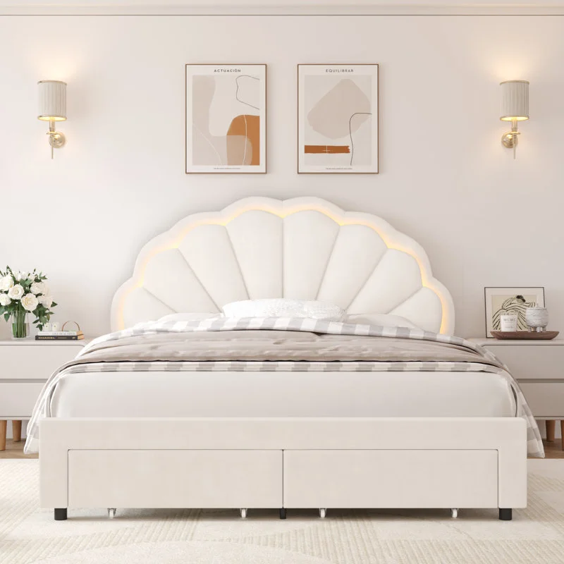 Kainice Mid century Modern Light Headboard king Size Velvet Kid Bed Frame Up-holstered Storage Queens Beds for Bedroom