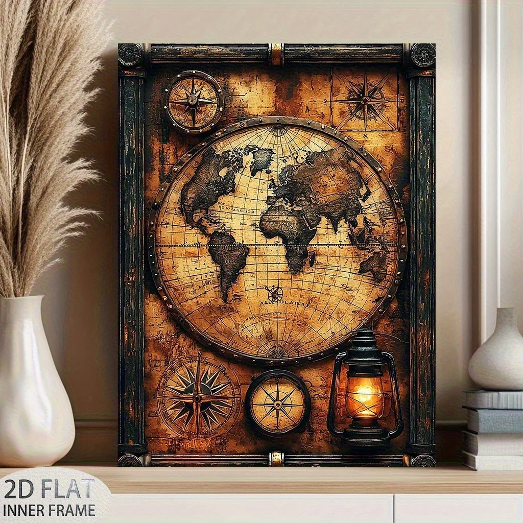 2D FLAT Vintage World Map Framed Canvas Wall Art, Compass & Lantern Print, Ready To Hang, Travel Theme Decor Gift for Living Roo