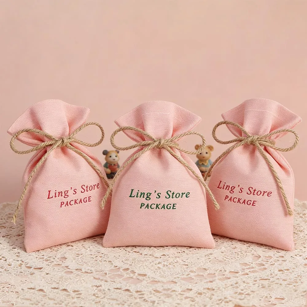 

50Pcs Pink Cotton Muslin Jewelry Packaging Storages Mini Wedding Candy Gifts Canvas Pouches with Jute Rope Can Be Personalized