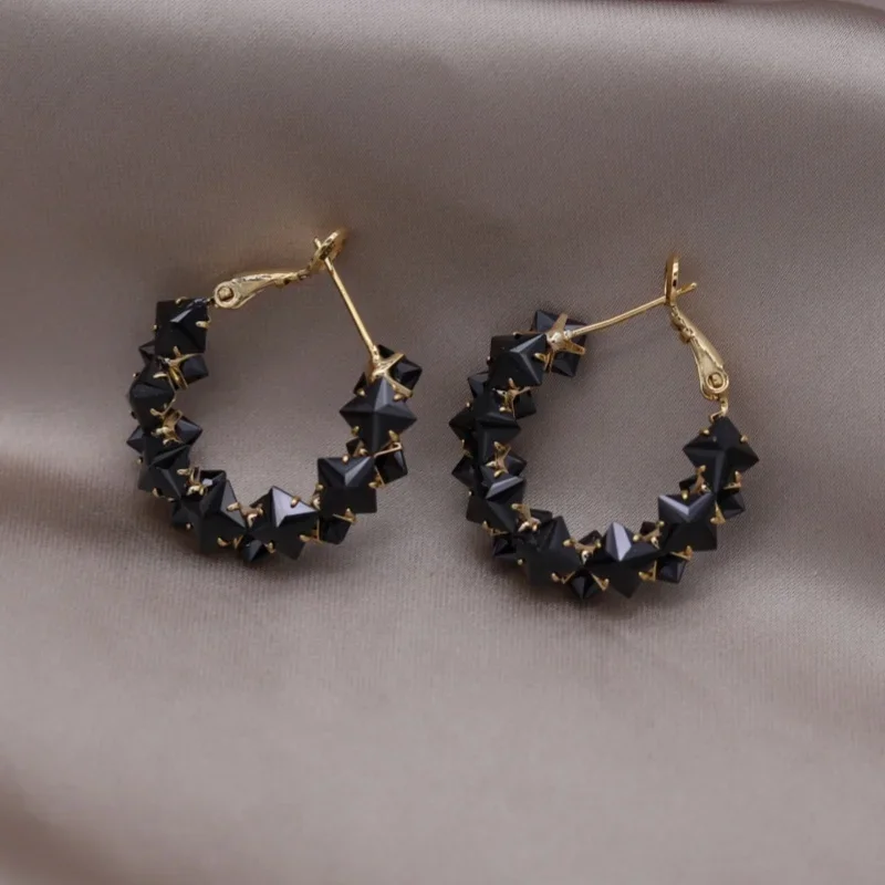 South Korea new design fashion jewelry 14K gold plated black zircon hoop earrings elegant women's party accessories