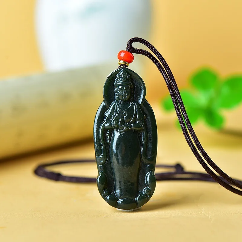Natural Hotan Green Guanyin Laughing Buddha Jade Pendant Necklace Men And Women