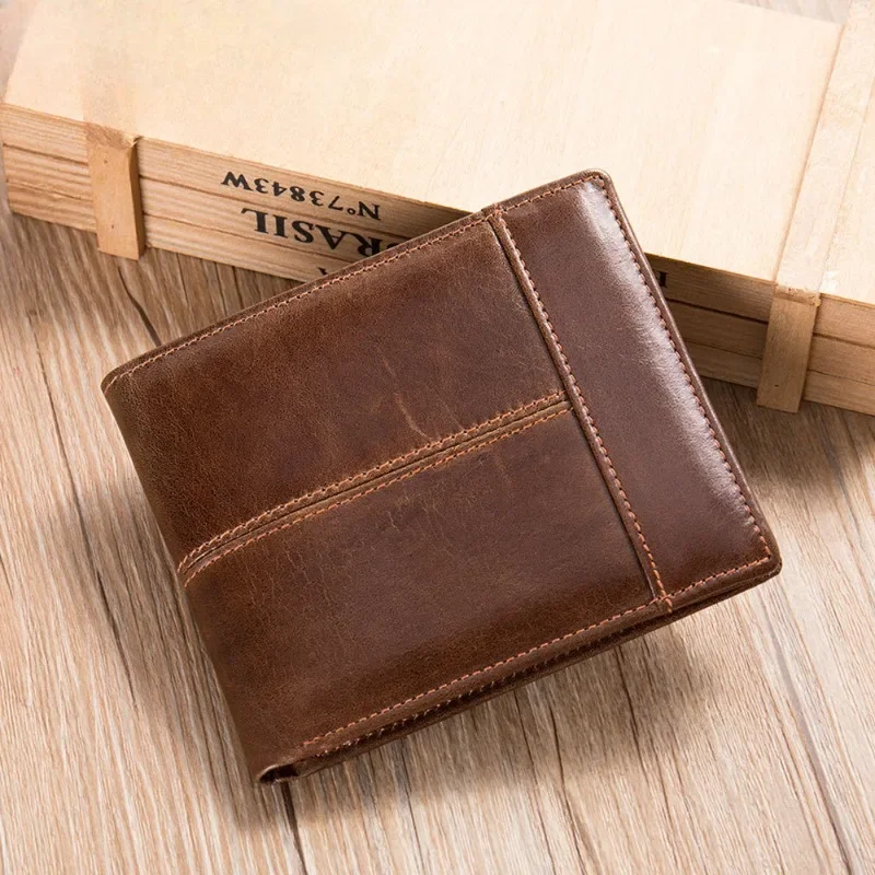 RFID Anti-theft Cowhide Genuine Leather Wallet Mens Retro Multi Slot Cardholder Money Bags Mens Fold Coin Purse Cartera Hombre