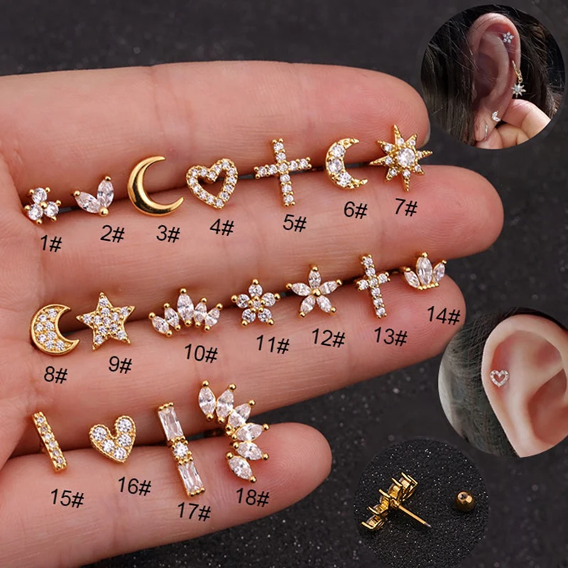 Mini pendientes coreanos de acero inoxidable para mujer, aretes de circonita para cartílago, Luna, Cruz, flores, hélice, Tragus, Piercing, joyería, 2 piezas