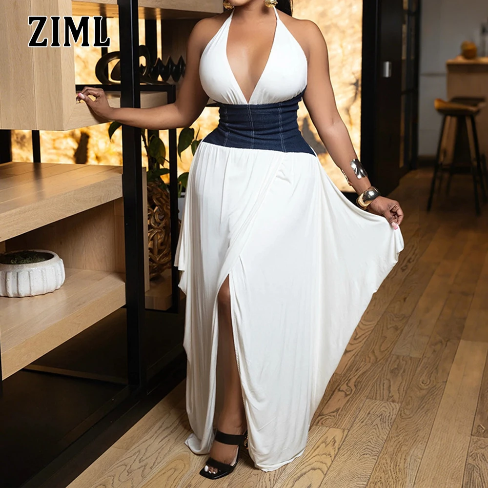

ZIML Hit Color Backless Sexy Chic Elegant Dresses for Women Halter Sleeveless High Waist Temperament Dress Female Fashion New