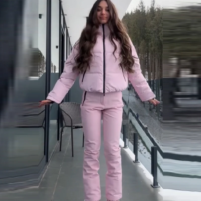 Thicken Warm Women's Skiwear Pink High Collar Hooded Cotton Padded Coats Straight Leg Zipper Pants 2025 New Winter Lady Ski Suit