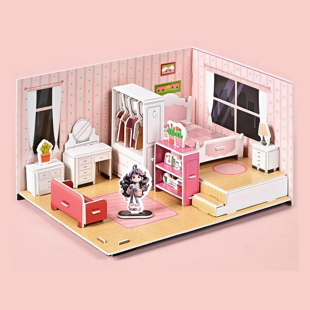 บ้านตุ๊กตา DIY แบบประกอบเอง ห้องนอน ห้องครัว ห้องน้ำ ของเล่นบทบาทสมมติ บ้านตุ๊กตากระดาษ ห้องนั่งเล่น บ้านกระดาษ 3 มิติ แบบประกอบเอง