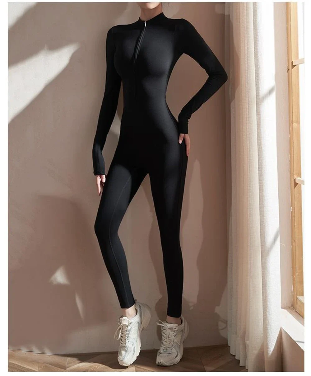 Womens Jumpsuits Long Sleeve Yoga Slim Fit Stretch One Piece Romper Sexy Fitness Female Black Basic Sportwears Tight Zipper