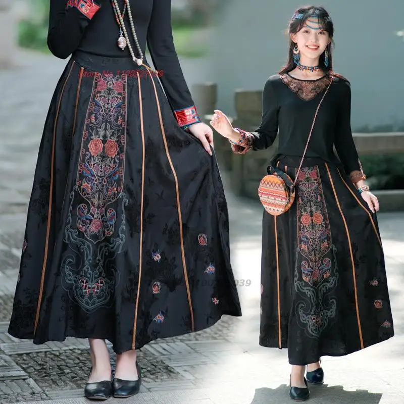 

2024 chinese vintage improved skirt national flower embroidered satin jacquard skirt oriental traditional folk a-line long skirt