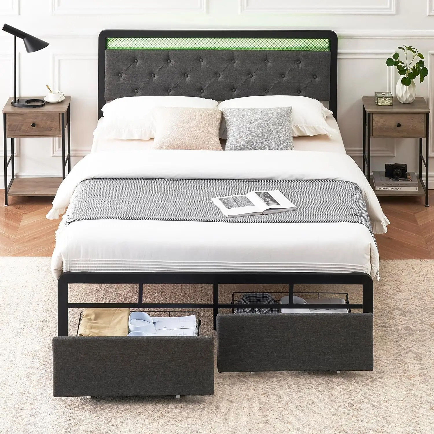 Upholstered Full Bed Frame with 2 Storage Drawers,Button Tufted Headboard and LED Lights, Full Size Bed Frame Platform