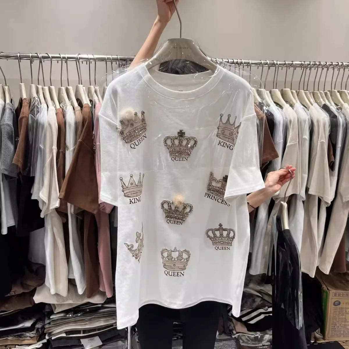 150kg Plus Size Diamond-studded Women\'s Cotton T-shirt L-4XL Thick Crown Print 2024 New Female Tees Fashion Spring Summer Tops