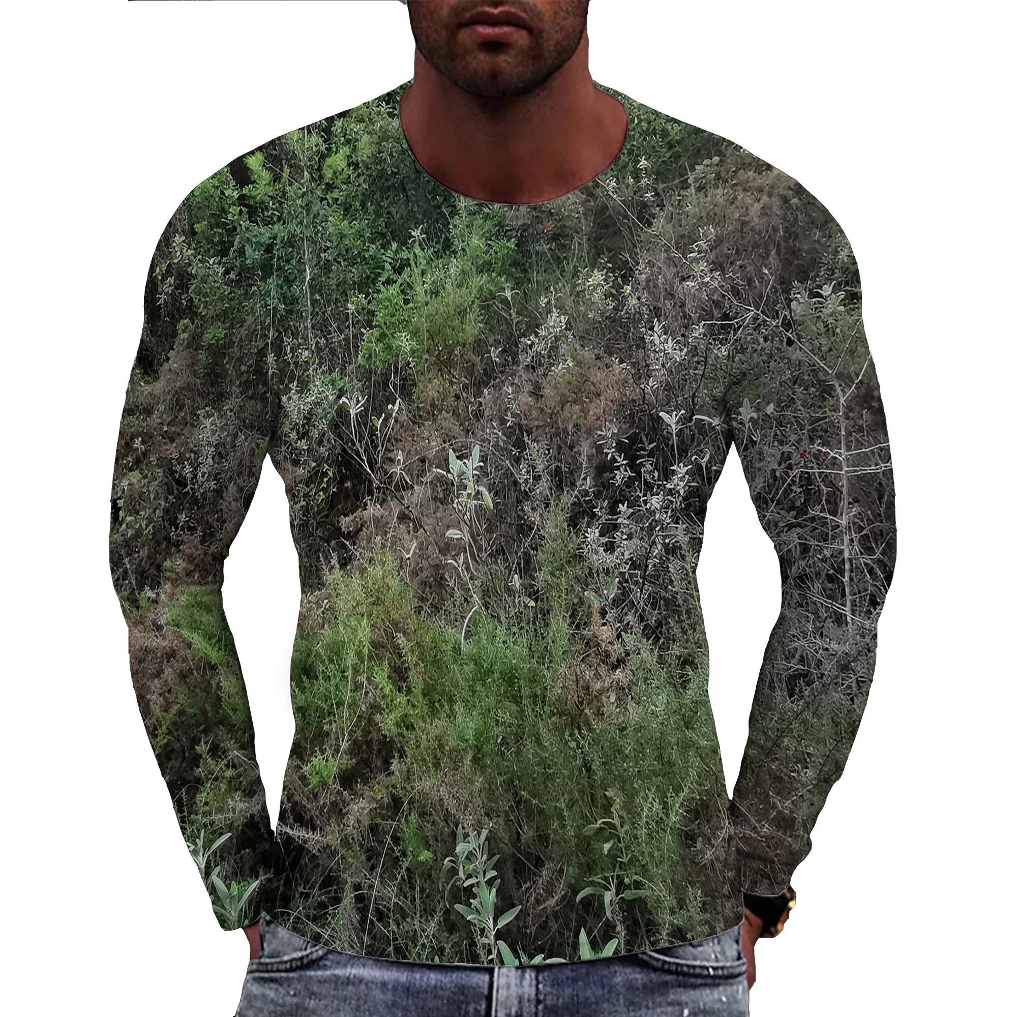 Men Fashion Camouflage Forest Vegetation Design Printed Long Sleeve T Shirt Couple Hip Hop Shirts Top