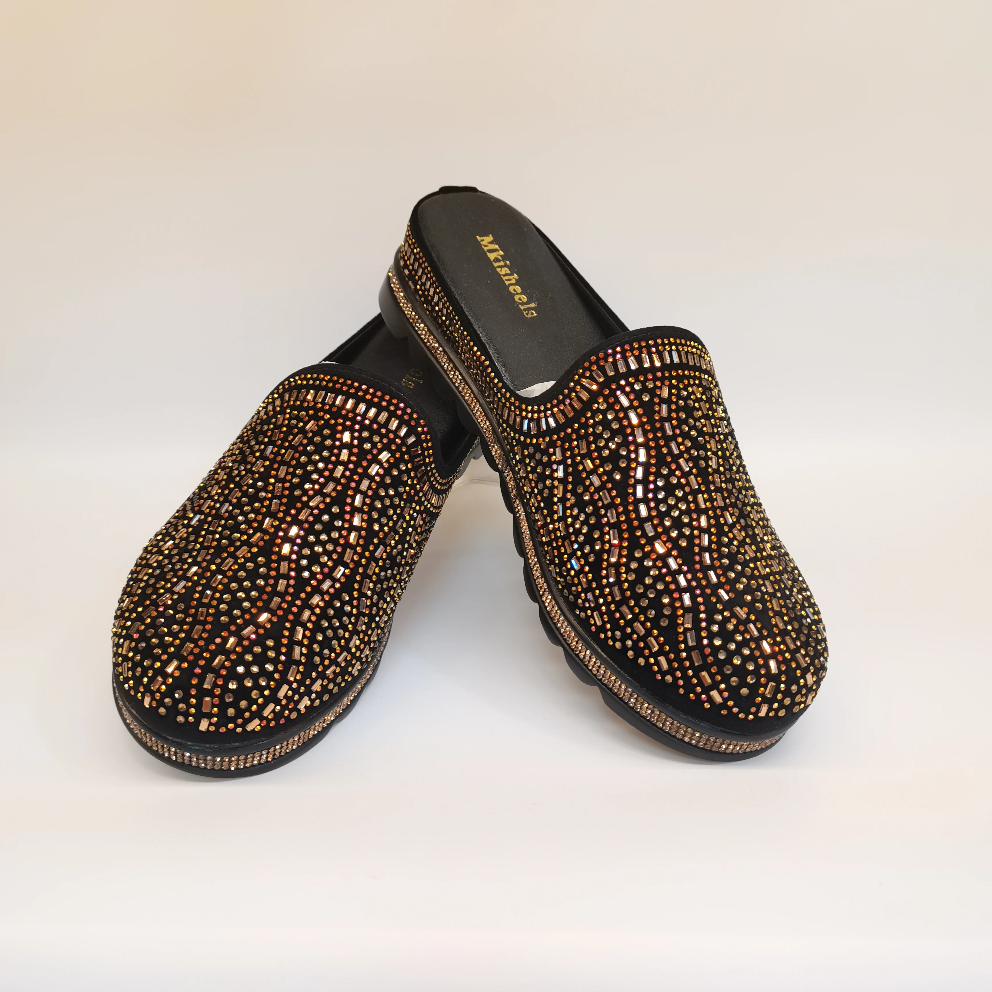 African Popular Luxury Women\'s Rhinestone Slippers Non-slip height-raising, High-end  Mid-Heel Lady Casual Mullers Shoes F1207-1