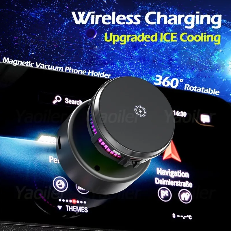 2025 NEW 360° Rotatable Vacum in Car Holder 15W Wireless Charger Cooling for iPhone Samsung Magnetic Car GPS Stand Phone Holder