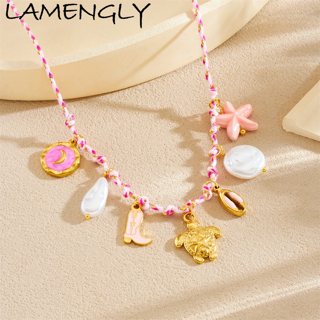

LAMENGLY Pink Rope Chain Starfish Tortoise Boots Moon Pendant Necklace Women 316L Stainless Steel Romantic Elegant Neck Chain