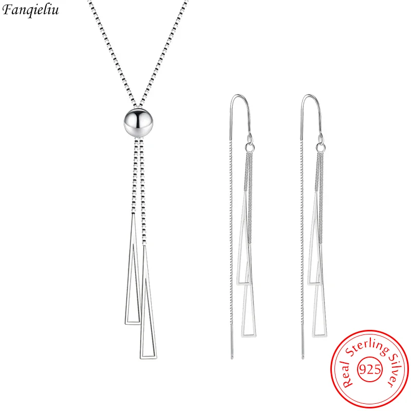 

Fanqieliu Real 925 Sterling Silver Triangle Pendant Necklace Box Chain Long Drop Earrings Jewelry Sets For Women Trendy FQL23062