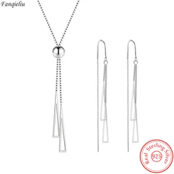Real 925 Sterling Silver Triangle Pendant Necklace Box Chain Long Drop Earrings Jewelry Sets For Women Trendy FQL23062