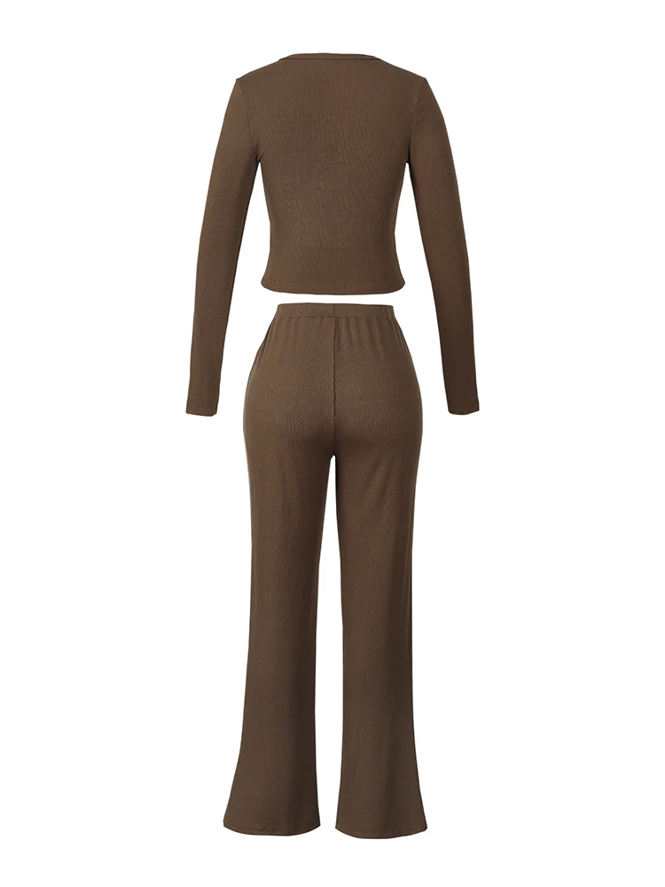 女性用ソリッドカラーツーピースパジャマセット長袖プルオーバー快適なシャツ巾着ウエスト締めパンツ部屋着