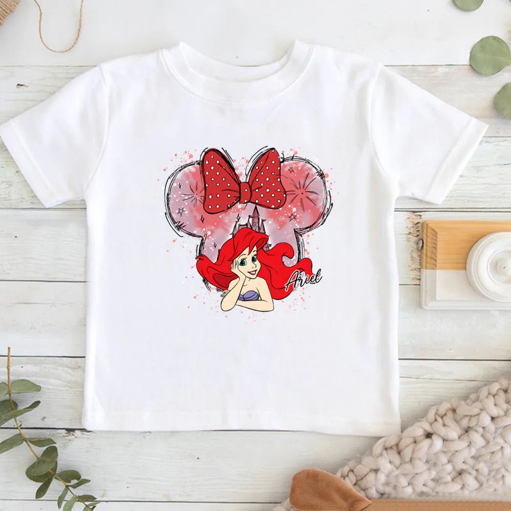 2024 Disney T-shirt dicetak anak Putri Belle Kawaii pakaian kartun lembut bayi perempuan Atasan grafis Lucu kaus lucu anak-anak