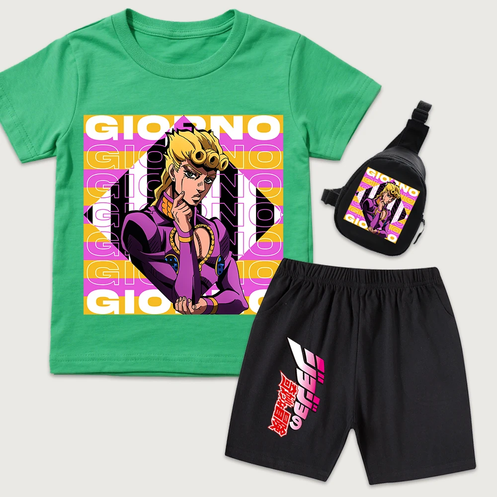 Jojo Giorno Anime Print Kids Cotton T Shirt Shorts Mini Chest Bag 3 Piece Set for Boys Girls Casual Summer Outfit