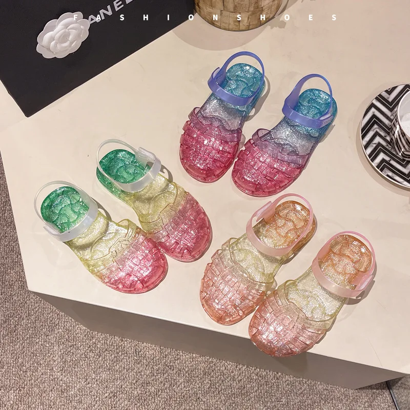 Summer Children Sandals Girls Gradient Color Princess Shoes PVC Non-slip Jelly Shoes Kids Breathable Beach Sandals Zapatos Niña