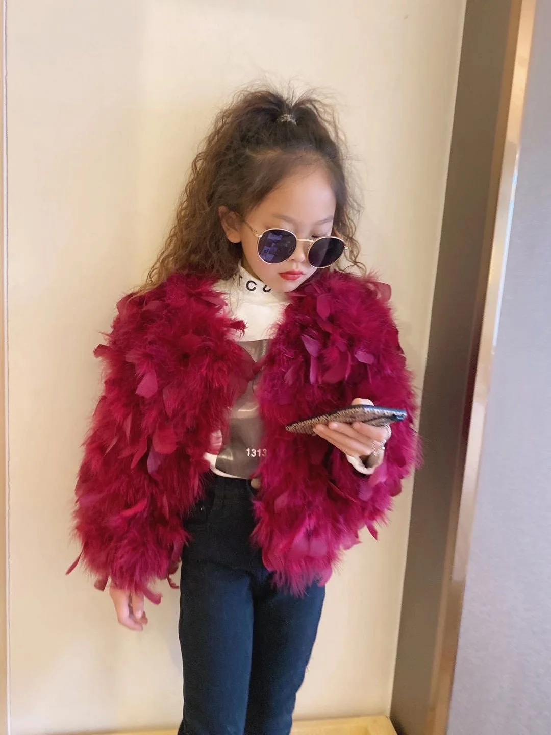 الجملة الاطفال سترة ريش النعام الحقيقي، زهرة فتاة حفل زفاف معطف مع ألواح الريش، متعدد الألوان الأطفال الرسمي