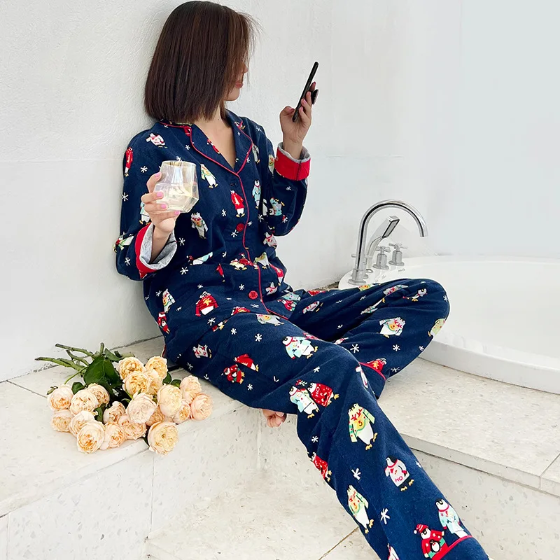 Luxury Cotton Women\'s Pajama Set Dog Print Ladies Autumn Winter Ladies Sleepwear 2 Pcs With Pant Pijama Suit For Female