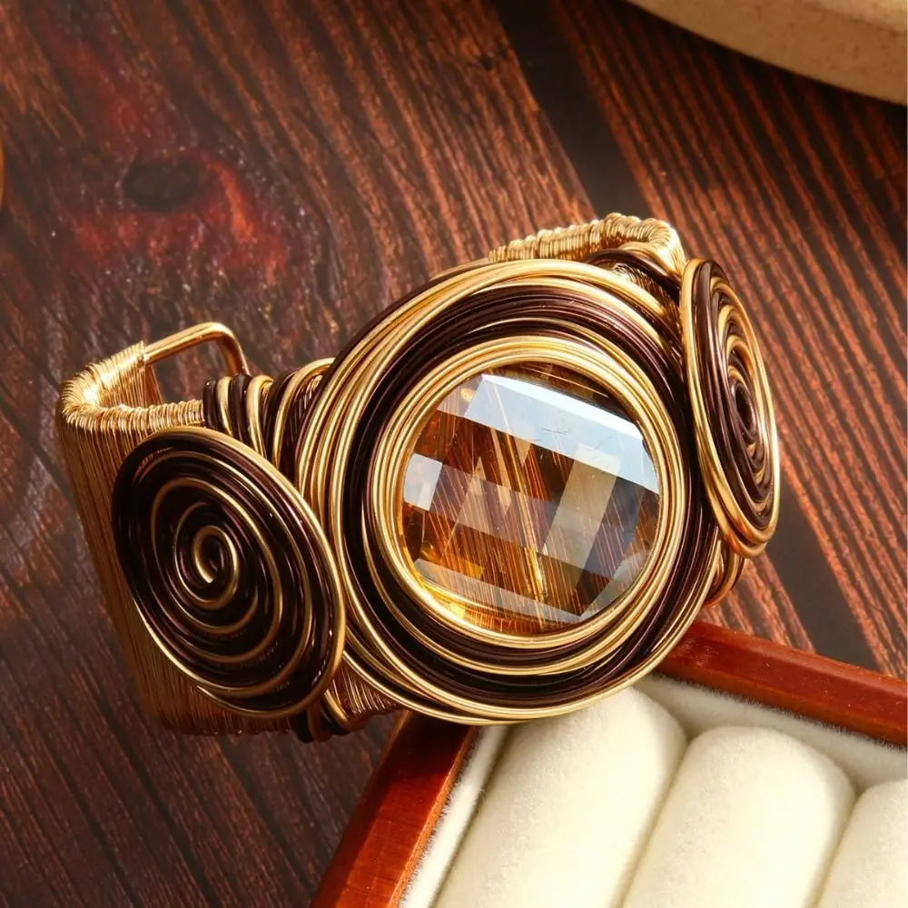 

Big Brown Rhinestone Wire Winding Cuff Bracelet Handmade Exaggerated Metal Bracelet Opening Design Bohemian Hand Ornament Party