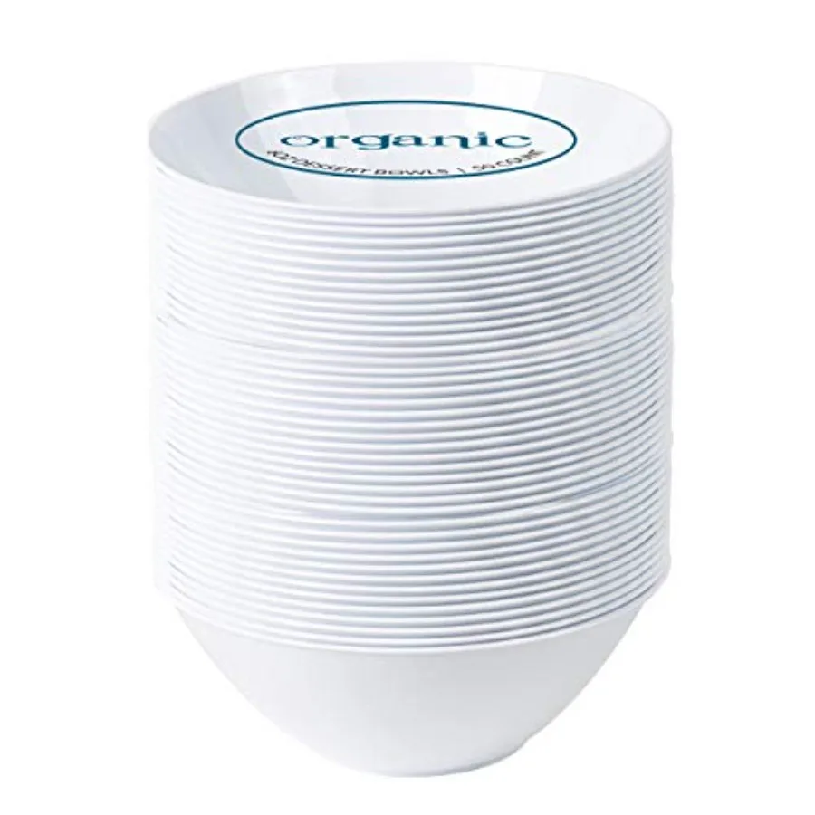

[6 OZ 100 Count] White Plastic Organic Party Dessert bowls Premium heavyweight Elegant Disposable Tableware Dishes
