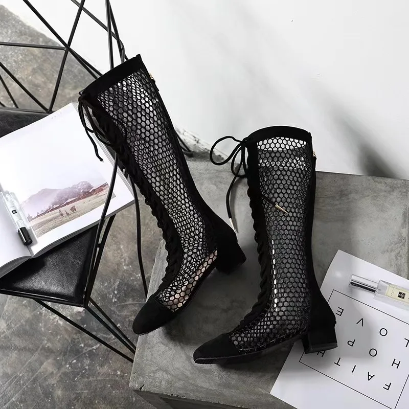 

Летние женские высокие сапоги на замшевом каблуке, дизайнерские роскошные черные сандалии-гладиаторы, модные ботинки на шнуровке, женские bottes femmes