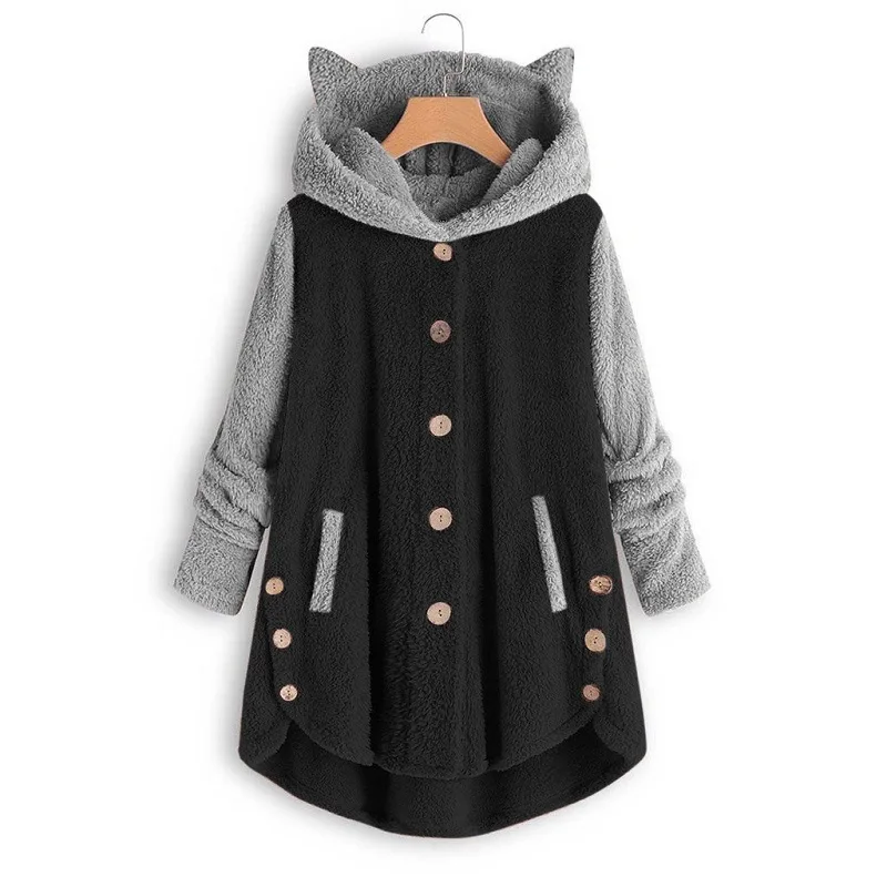 Ultraplush Jacket Asymmetrical Colorblock Streetstyle Jacket Buttoned Detailing Ultracozy Jacket Kitten Ears Hooded Coat