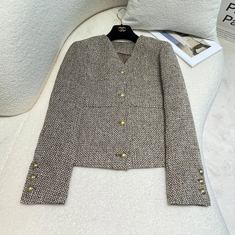 

Small Fragrant Wool Blended Tweed Jacket 2023 Autumn New Simple Style V-neck Short Jackets Y2k 90s Vintage Clothes Streetwear