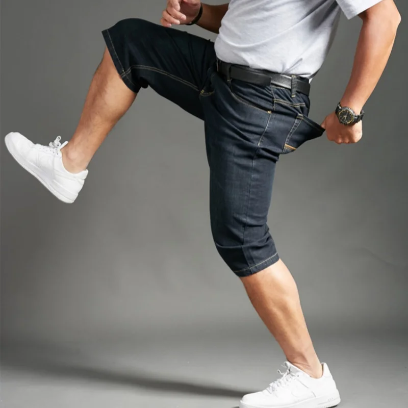 Denim Shorts Men Plus Size 44 46 48 Calf Length High Stretch Thin Summer Cropped Pants Loose Straight Male Jeans Half Trousers