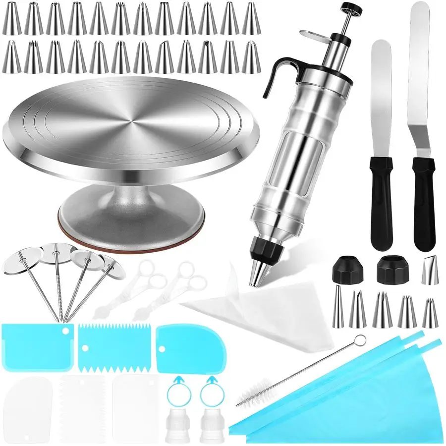 

Набор для украшения тортов на Рождество из 154 предметов: алюминиевая подставка для торта 12 дюймов, кондитерский пистолет с 6 насадками, 34 насадки для декорирования.