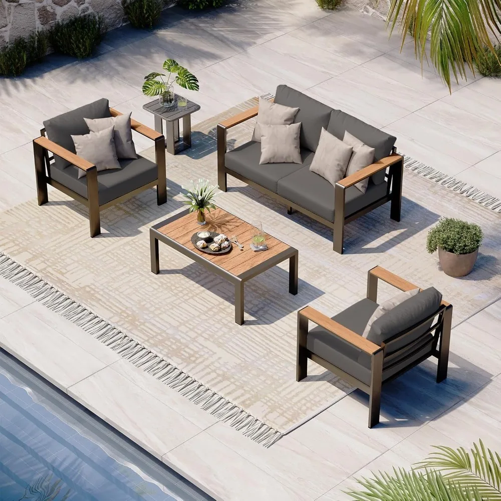 Aluminum Outdoor Patio Furniture Set with Coffee Table, 4 Piece Patio Conversation Sets with Washable Thick Cushions,  Sectional