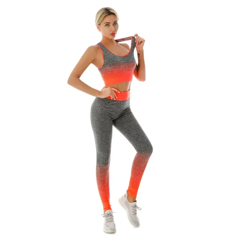 Women 2 Piece Yoga Outfits Gradient Color Sports Bra High Waist Tights Fitness Workout Tracksuit Set