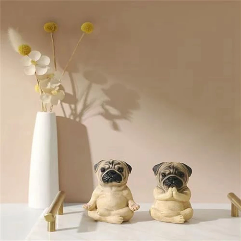 2 PCS Pug Statue Home Decor,Yoga Sitting Pug Puppy Figurine, Pug Puppy Partner Collectible Dog Statue, Mini Puppy Statue