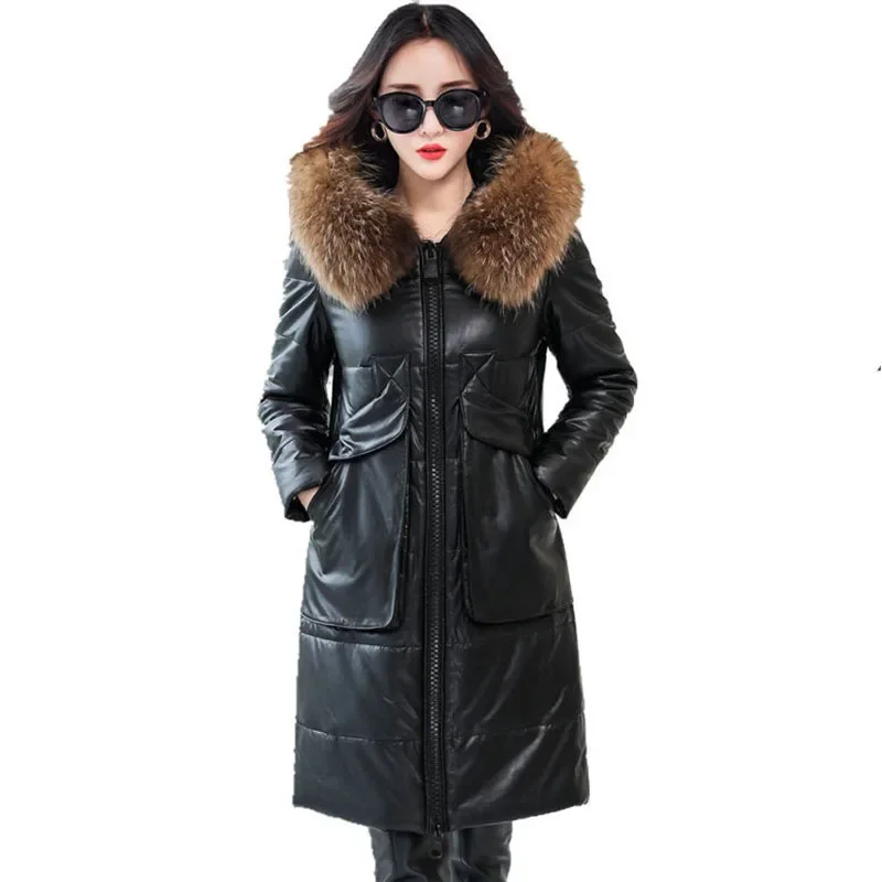 Winter Women Faux Leather Down jacket Female New Fashion Long Hooded Leather Coat Women Large size Fur collar Leather QH1039