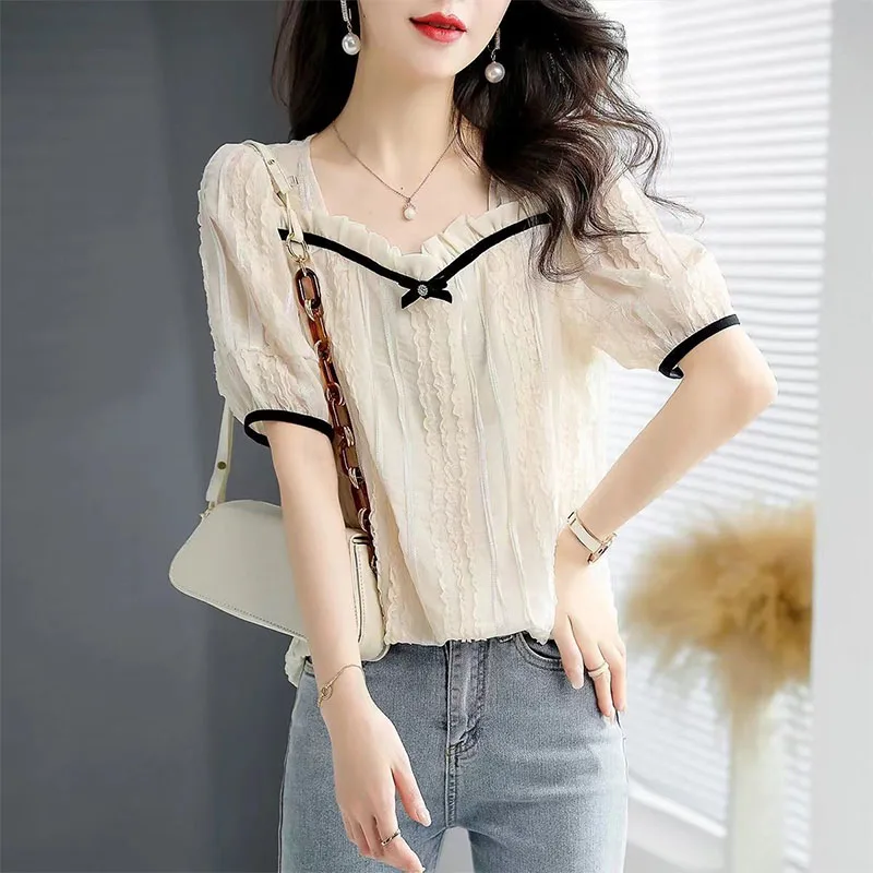 Fashion Women\'s Elegant Blouse Korean Square Collar Bow Lace Cut Spliced Shirt Summer New All-match Short Sleeve Tops for Female