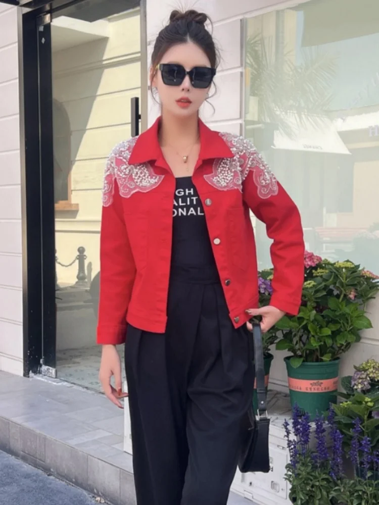  Heavy-Du Denim Jaet Women's Loose Top Me Pearl Embellied Spring Faion Outerwear Straight Cut Long Sve