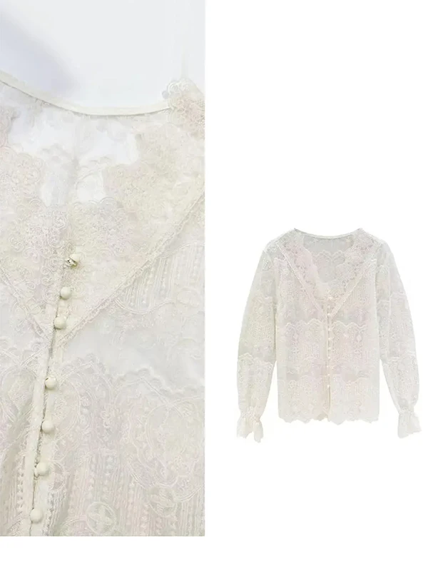 Fashionable High-End Winter Women's Design Vintage V-Neck Lace Sleeve Open Cardigan Top Layered Long Sleeve Korean Style