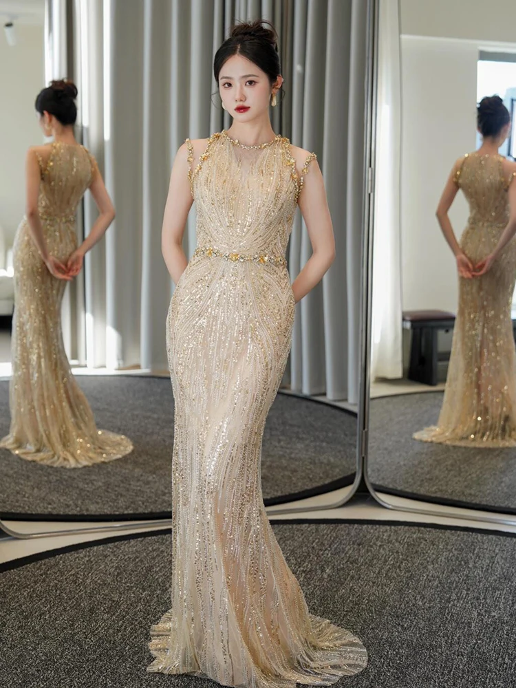 

Gold Heavy Industry Wedding Dr Ele Sequin Fi Tail Evening Gown for Engagement And Banquet Chinese Manufacturer