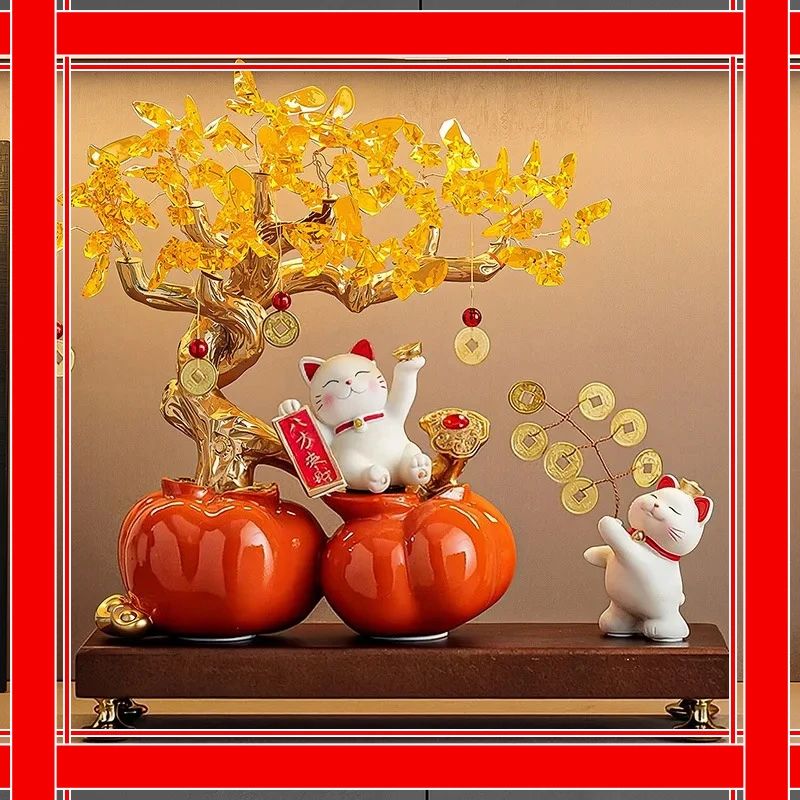 Persimmon Ruyi Lucky Cat Ornament, Light Luxury High-end Fortune Tree Decoration Moving House Gift