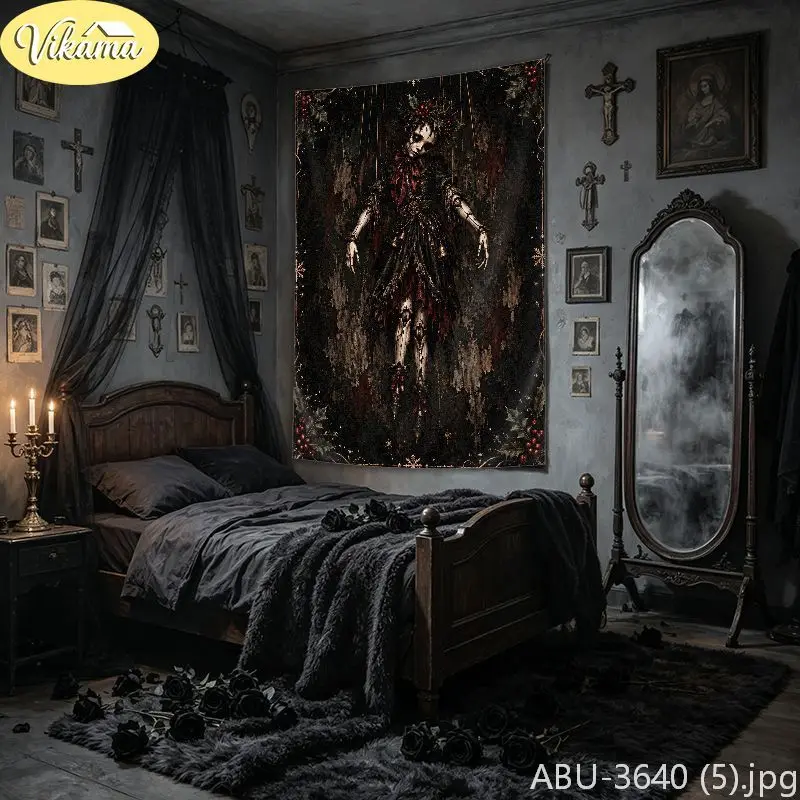 VIKAMA Creepmas Frosted Cathedral Casement Manor Osseous Wall Tapestry Shadowy Victorian Rime Motif Yule Festal Room Home Decor